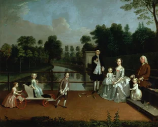 Un grupo familiar en una terraza en un jardín, 1749
